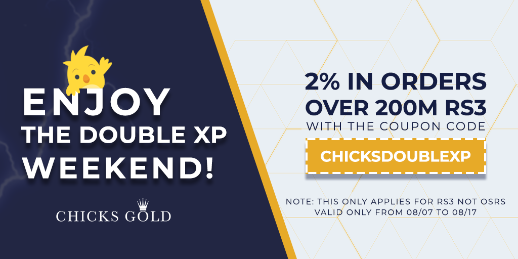 ChicksGold's tweet photo. A NEW DOUBLE XP LIVE EVENT IS STARTING TOMORROW!
And guess what?
We’ve just launched a NEW discount coupon!💥
Use the code “chicksdoublexp” to start enjoying this free weekend full of RS3!🥳
👉https://t.co/tYXZ1jw9lZ
#RuneScape #DoubleXPLIVE #RuneScape3 #Rs3 #gaming https://t.co/FumJfNVik6