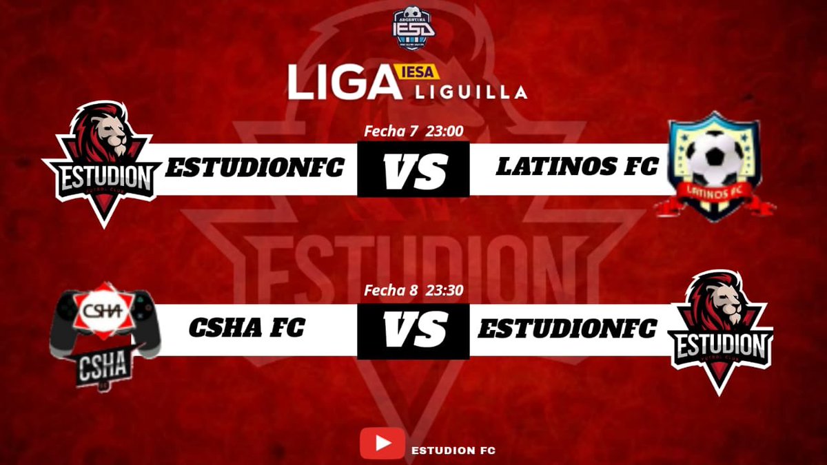 [ SEMANA PERFEC... 🤔 ]

Fecha 7 y 8 de #LaLiguilla <a href="/IESAArgentina/">IESA</a>. Dos partidos claves, es muy importante no dejar pts para que no se aleje el puntero, que hasta ahora no cayó. Y seguir sumando confianza🔴⚪️🔴

⏰23:00 🆚 @latinosfcok 
⏰23:30 🆚 #CshaFC 

#Estudiooooon🥁🦁