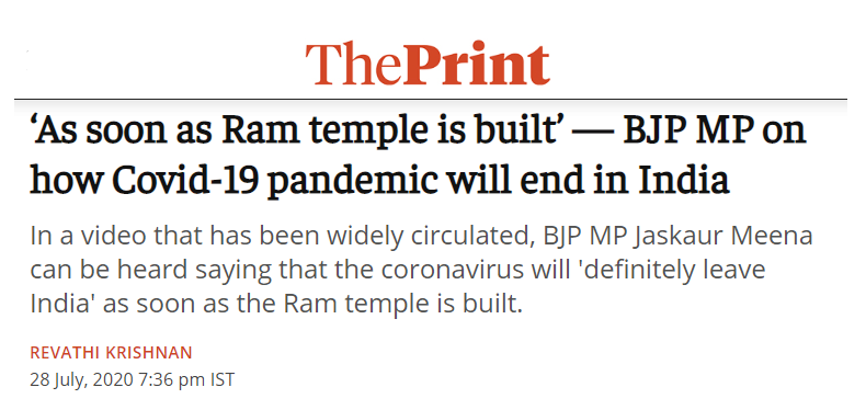 India barusan menjadi negara ketiga dgn kasus C19 menembus 2 juta. Mungkin karena itulah pembangunan Kuil Sri Rama Ayodhya harus dipercepat, karena dipercaya itulah obatnya. Coronavirus lenyap kalau kuil sdh selesai dibangun.