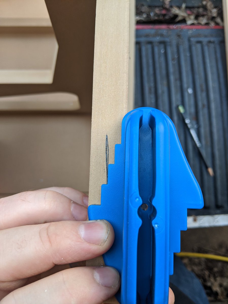 I marked the center line and found the depth gauge that matches; I will use this for placing the Brad's to hold this together while the glue sets:
