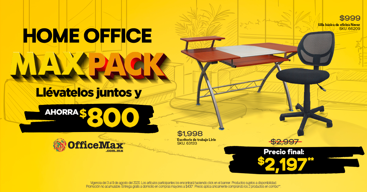 Llévate tu MaxPack para #TuRegreso y haz de tu #HomeOffice y #HomeSchool una experiencia llena de confort.👌 Compra en officemax.com.mx o vía 800 9999 MAX (629) Vigencia hasta el 10 de agosto del 2020. Consulta T&C* Precio aplica comprando los 2 productos en combo.**