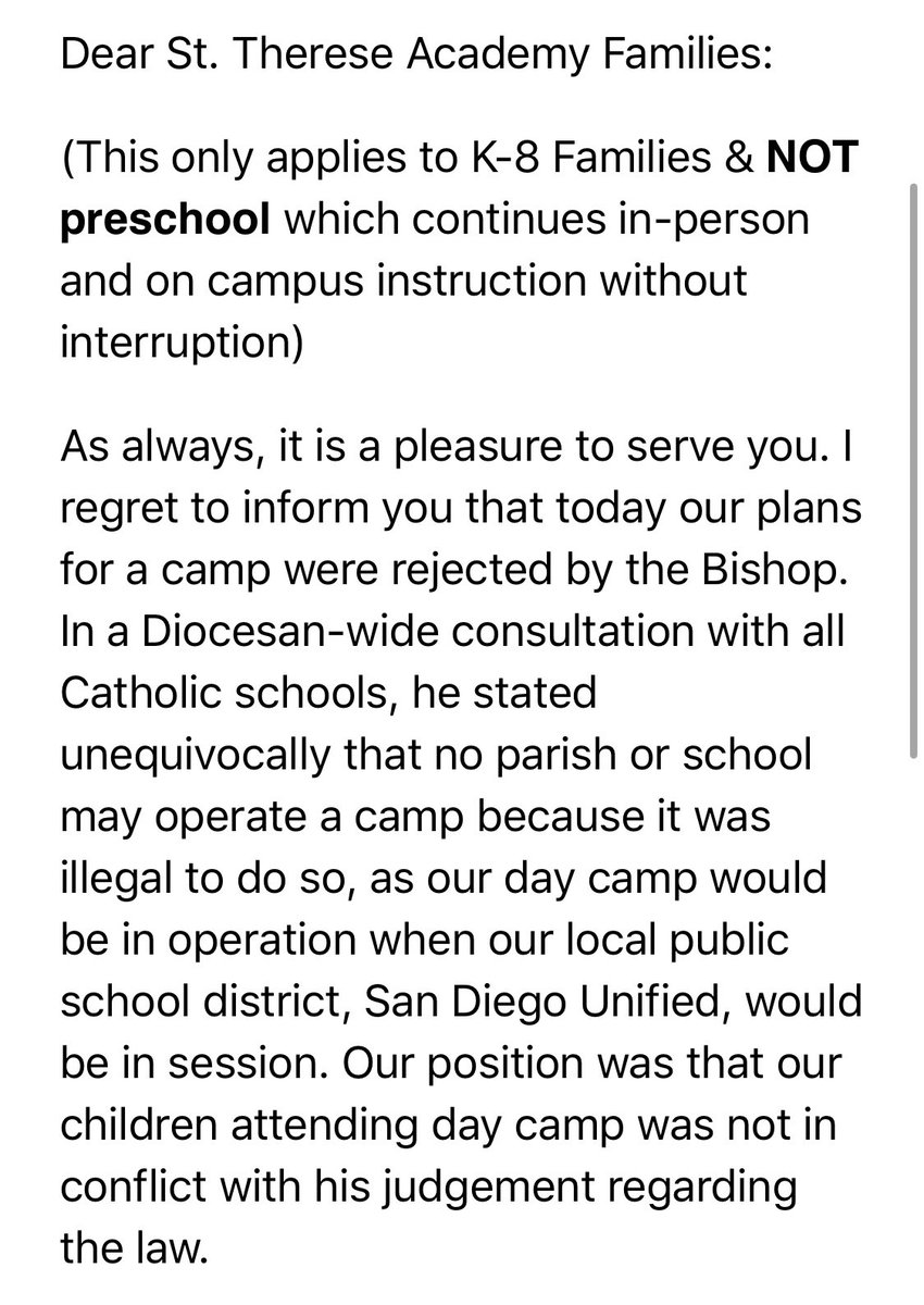 Wow.  @St_Therese_SD’s bid to do a not school day camp was vetoed by the diocese as the bishop decided it would be illegal. 