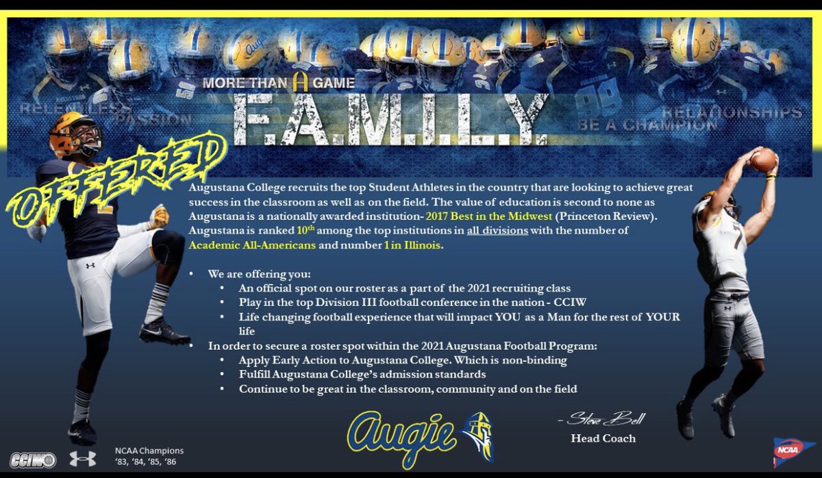 Very grateful for the offer from  <a href="/CoachMaloney14/">Coach Maloney</a> to Augustana🔵🟡<a href="/AugieILfootball/">Augustana Football</a> <a href="/EDGYTIM/">Timothy “EDGYTIM” OHalloran</a> <a href="/DeepDishFB/">DEEP DISH FOOTBALL</a>