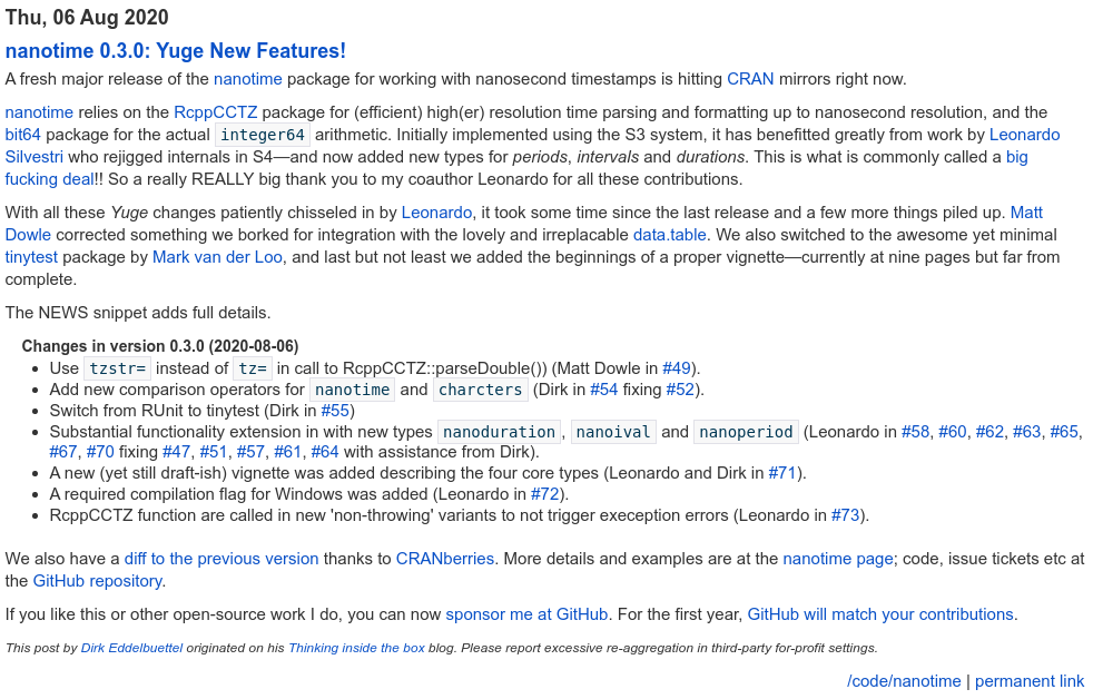 eddelbuettel's tweet photo. nanotime 0.3.0 on CRAN: Yuge New Features!
https://t.co/itGiLOKCCj
High-resolution nanosecond time functionality for R
#rstats #rcpp #tinytest
Now with periods, intervals and durations at nanosecond resolution. Plus tinyest, data.table corrections and a vignette. https://t.co/cdLLPlU5Sx