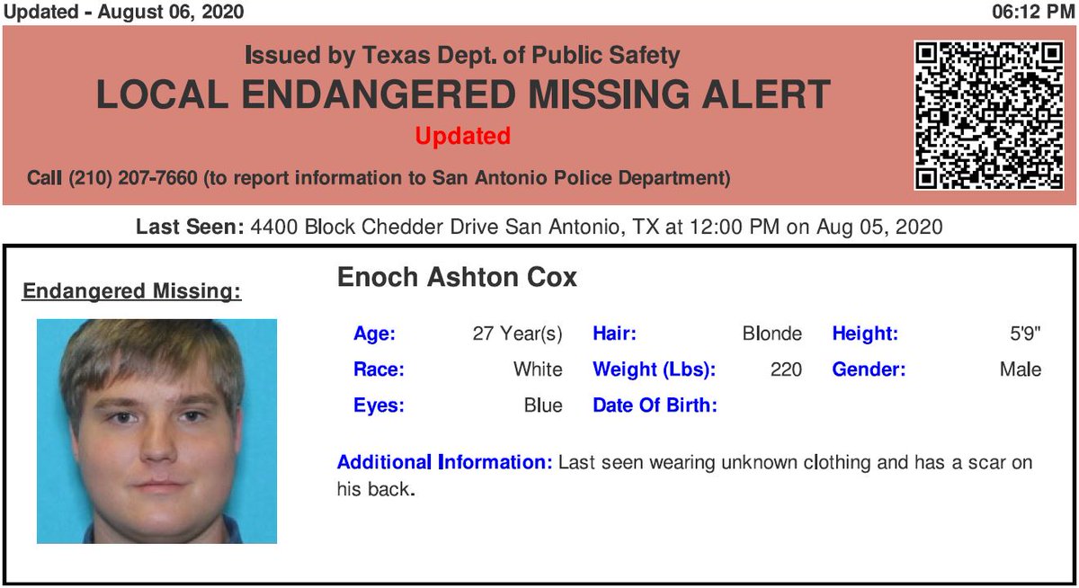 TX_Alerts's tweet photo. ACTIVE ENDANGERED MISSING ALERT for Enoch Ashton Cox from San Antonio, TX, on 08/05/2020 https://t.co/yWygl42cB3