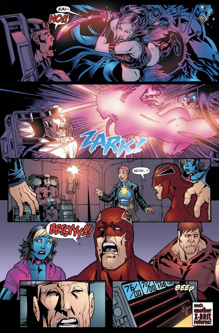 New Excalibur 8SK returns, hosted by another timeline’s Xavier. SK escaped to the other timeline when Psylocke died, then found his way back because of M-Day. Betsy gives Xavier an aneurysm and then disappears! SK explicitly says there is ONLY ONE of him in all realities.