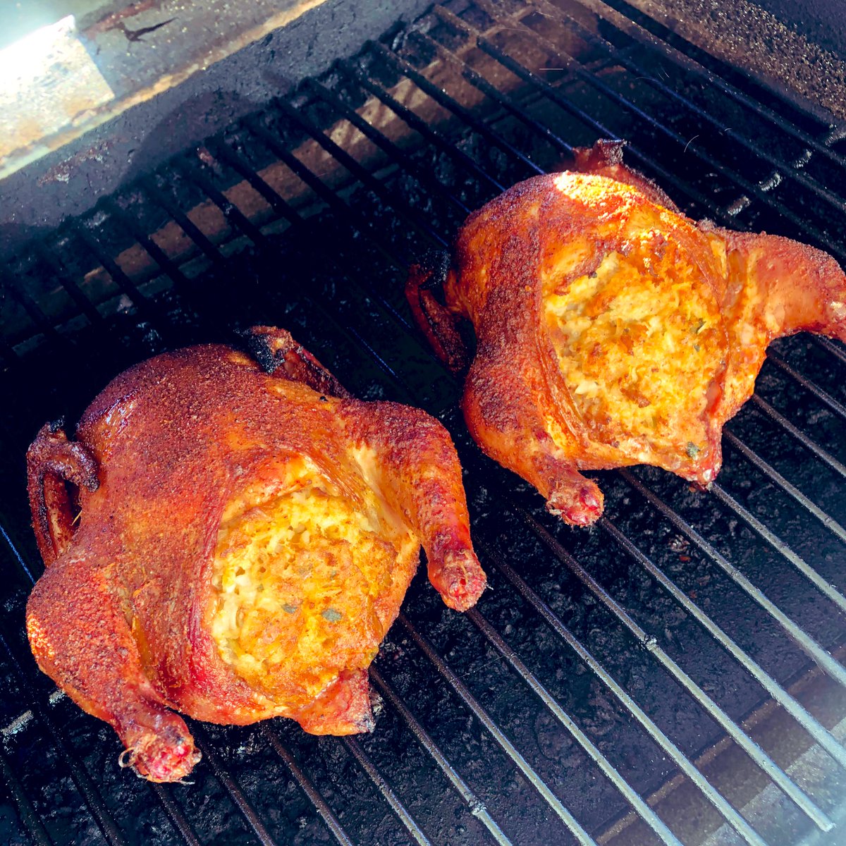 CajunMallard's tweet photo. Cajun Boudin stuffed Cornish GameHens smoked on my @TraegerGrills
GameHens sprayed w/ @duckfatspray & seasoned w/ @PoppaEarles Cajun Seasoning & @HowToBBQRight BBQ Rub. #gamehens #cajunstyle https://t.co/iVtO05oHkk