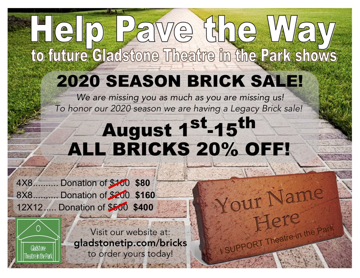 gtipofficial's tweet photo. One more chance to save 20% off your legacy brick! Don’t miss out on this amazing deal! Visit https://t.co/iDiJJfgDy0 to order your brick now! #GTIP #gladstonetheatreinthepark #legacybrick #fundraiser #communitytheatre https://t.co/118PC7sUme