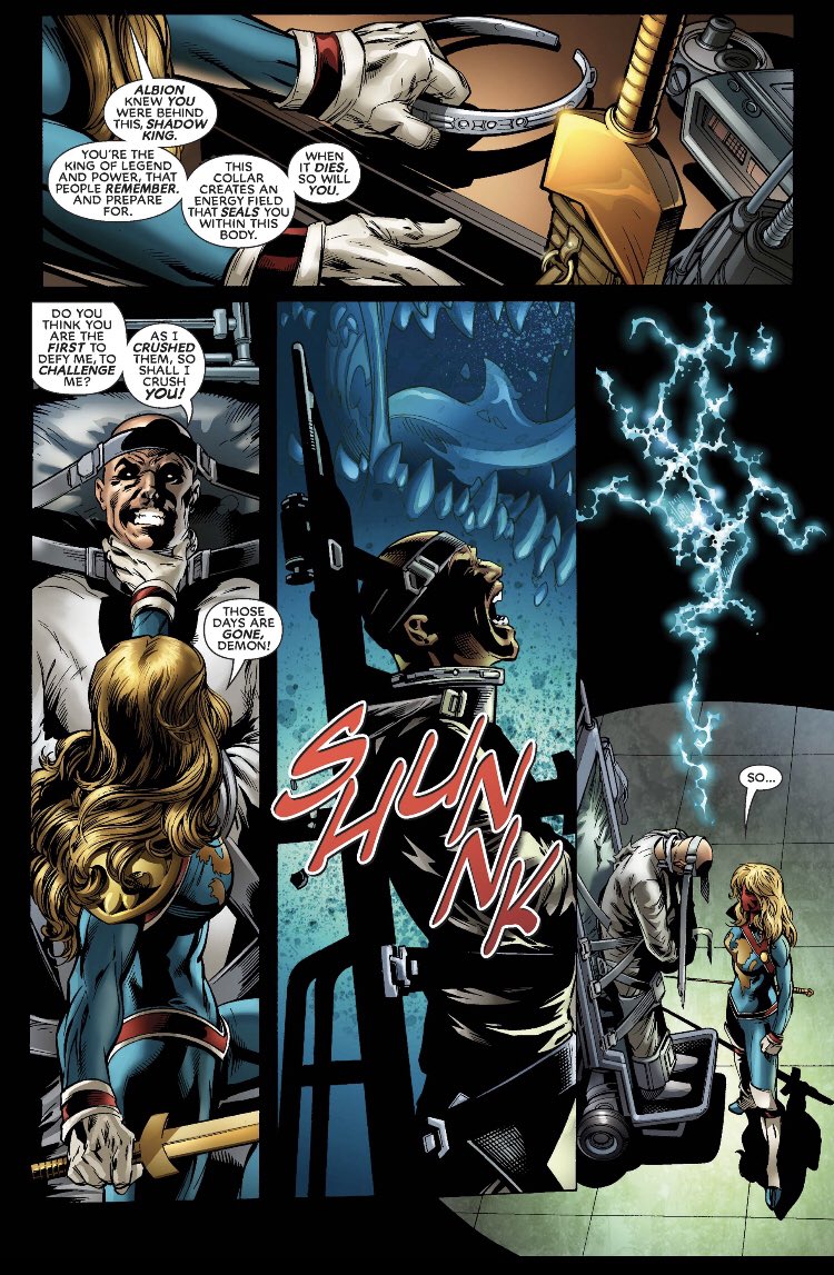 New Excalibur 19Shadow-X (SK’s evil alt-reality X-Men) try to give SK a new host: Lionheart. It doesn’t work because of a collar that traps SK in the Xavier body so SK should die with the host body. Lionheart stabs SK/Xavier.