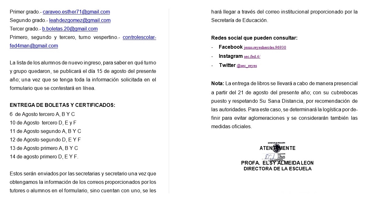 sec_reyes's tweet photo. Les compartimos el comunicado emitido por nuestra directora la C. Elsy Almeida León, informando el proceso para la entrega de boletas, así como reinscripciones e inscripciones para este ciclo 2020-2021. https://t.co/EBcZzl19re