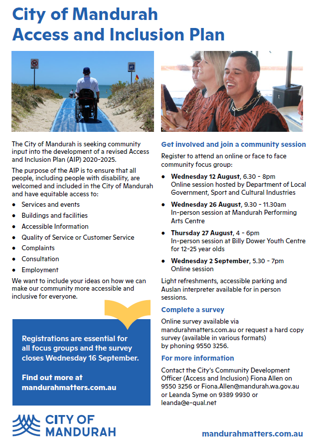 DLGSCpeel's tweet photo. ❗️ Mandurah Clubs ❗️

Come and have your say on the @CityofMandurah new 'Access and Inclusion Plan'. 

Help us develop this plan so sport can be enjoyed by our entire community ! https://t.co/64qkOsKdG1