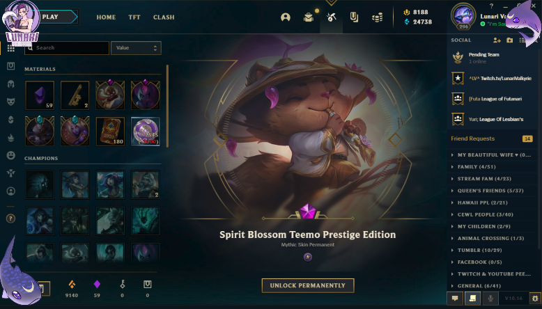 LunariValkyrie's tweet photo. Finally able to stream for a bit! Got a new !giveaway going and enjoying the new Spirit Blossom skins https://t.co/DQv8wTxXGv

#LGBTQIA #YoutubePartner #ValkStreams #TwitchStreamer https://t.co/J0kxrO82nh