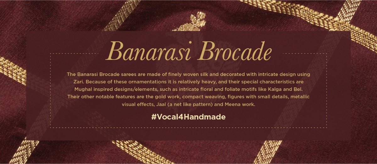 BJP4UP's tweet photo. During the Mughal period, weaving of brocades with intricate designs using gold and silver threads became the specialty of Banaras. Brocade sarees are made of finely woven silk and decorated with intricate design using zari. #Vocal4Handmade https://t.co/tJrqFMWsPK