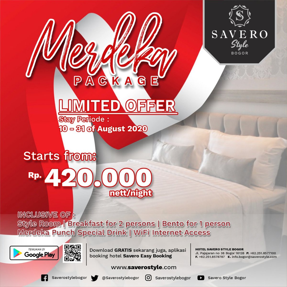 Merdeka package mulai dari IDR 420.000 nett/night untuk stay di Style Room, makan dengan menu BenZtyle dan minumnya Merdeka Punch spesial untuk stay periode 10 s/d 31 Agustus 2020 ini !
.
Savero Style Hotel Bogor
☎ +62 251 8577100
saverohotels.com