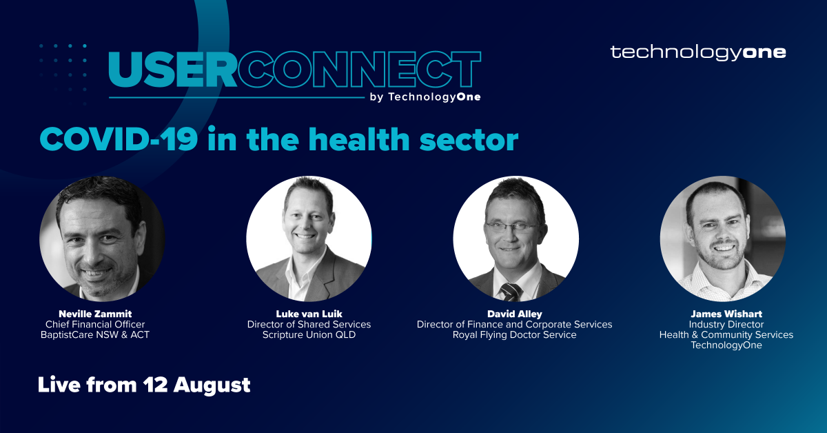 TechnologyOne's tweet photo. Join industry-leading panellists from @RoyalFlyingDoc, @BaptistCare and @suqld for a discussion on #COVID19 and its implications for #health and #communityservices providers. 

Register now for #UserConnect: https://t.co/tySz9p7jqm https://t.co/N9fngT6HNH