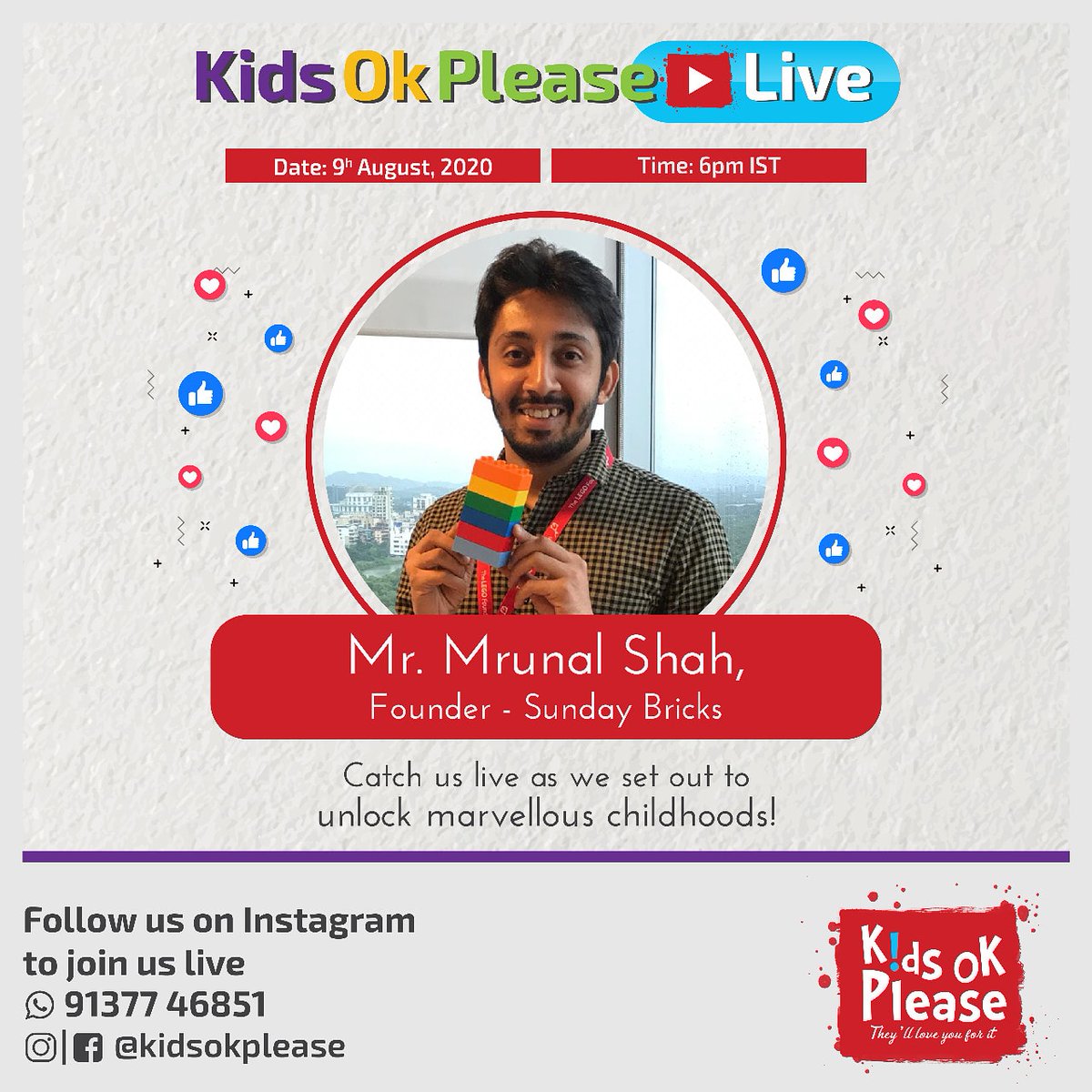 Kids Ok Please Live with  ⁣⁣
⁣⁣⁣⁣⁣⁣⁣Mr Mrunal Shah, Founder - Sunday Bricks
#kidsokplease #kidsokpleaselive  #marvellouschildhoods #kids #children #events #onlineevents #eventsforchildren #childhoodlearning #discussion #onlinediscussion #conversation #sundaybricks