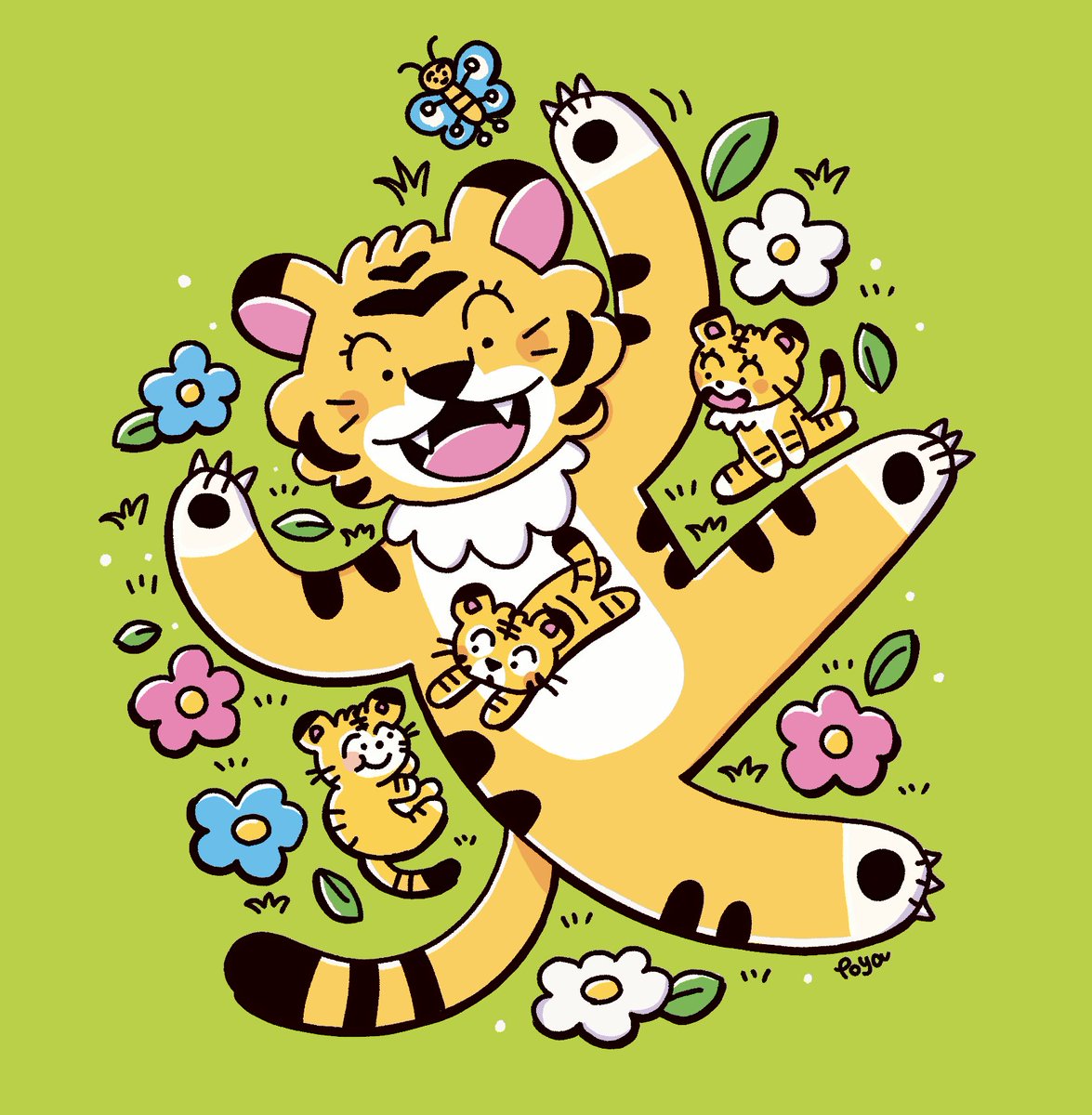 no humans flower fangs grass green background tiger open mouth  illustration images