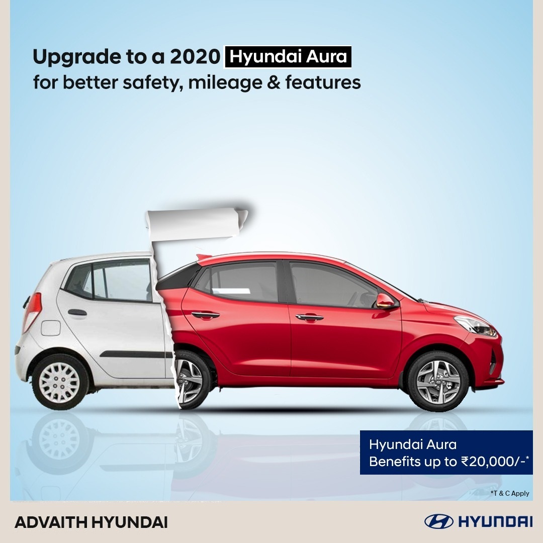 AdvaithHyundai's tweet image. Its time to upgrade to 2020 Hyundai Aura for 
✓ #BetterSafety,
✓ #BetterMileage
✓ #BetterFeatures 
✓ #BetterSavings
also get benefits upto Rs.20,000/-
for more details Visit your nearest Advaith Hyundai Showroom today or Call:9731097310
advaithhyundai.com
T&amp;amp;C Apply
