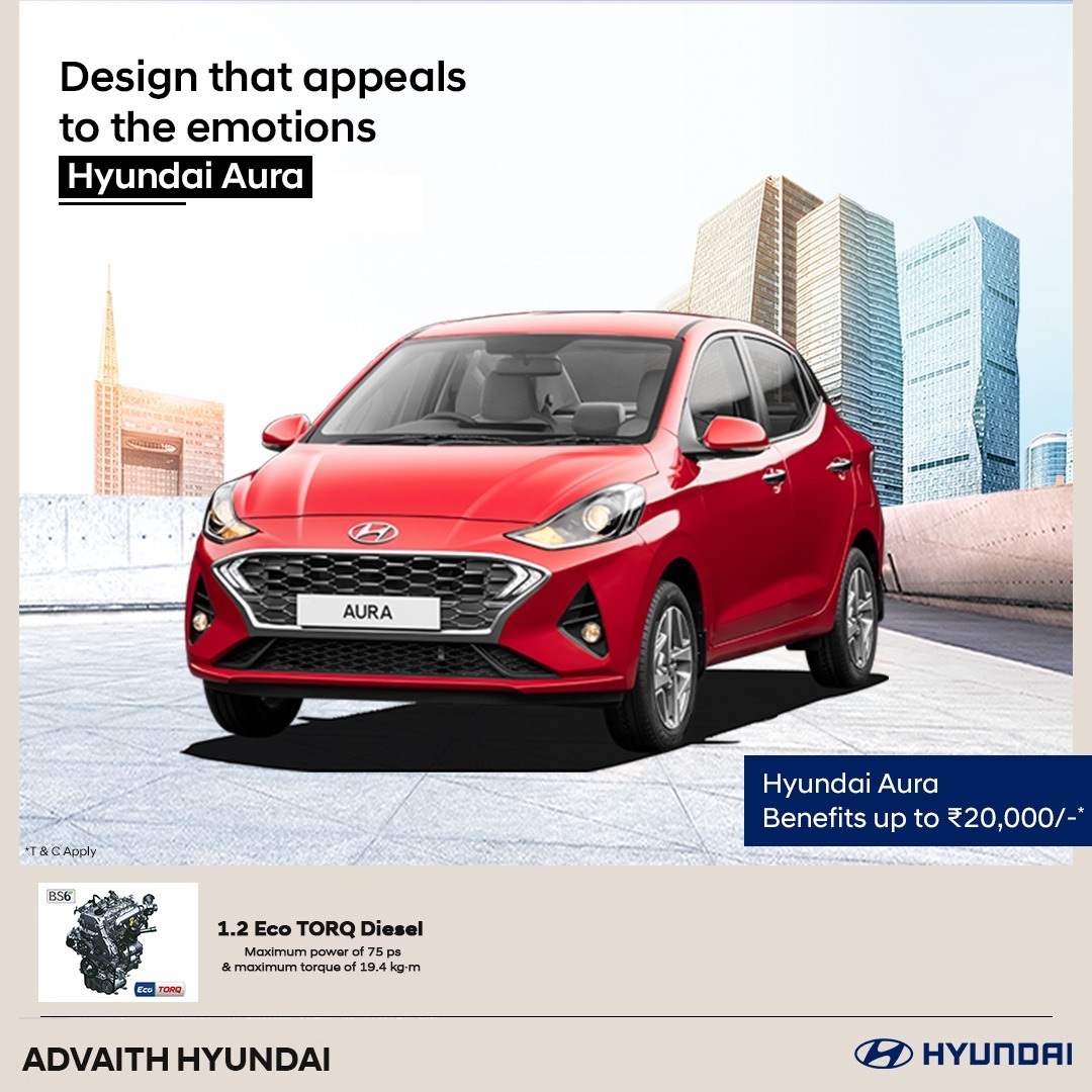 AdvaithHyundai's tweet image. Design that appeals to the emotions
The all new Hyundai Aura meant for 
✓ #BetterSafety,
✓ #BetterMileage
✓ #BetterFeatures 
✓ #BetterSavings
also get benefits upto Rs.20,000/-
for more details Call:9731097310
advaithhyundai.com
T&amp;amp;C Apply