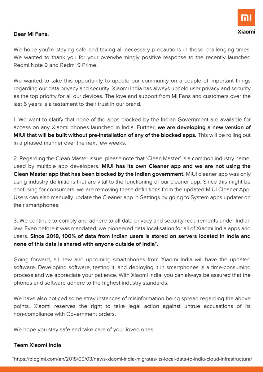 manukumarjain's tweet photo. 📢 Important news about #Xiaomi phones in #India:

1) None of the blocked apps will be available.
2) MIUI Cleaner app is not using Clean Master app banned by Indian Govt.
3) 100% of Indian user data stays in India.

A new version of MIUI coming soon! Please read &amp; be informed. 🙏 https://t.co/2tYHFwKjTG