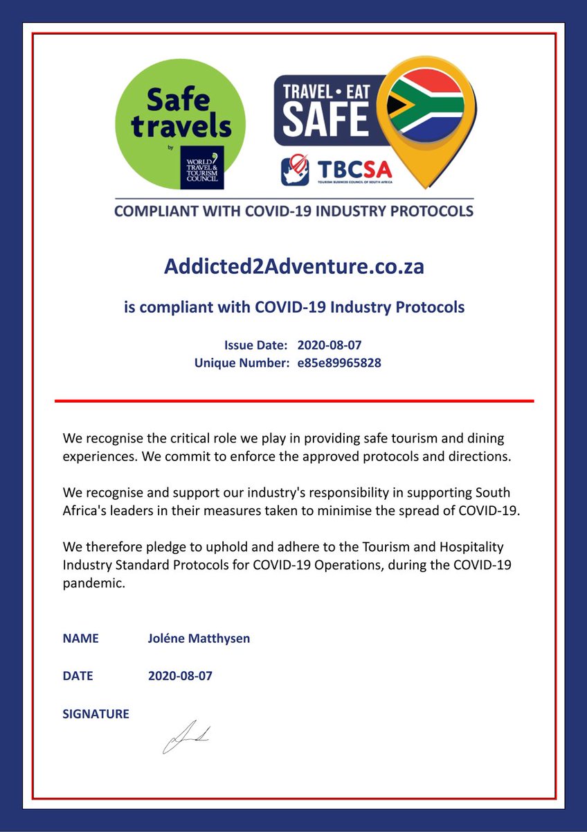 Addicted2Advent's tweet image. We recognise the critical role we play in providing SAFE tourism &amp;amp; experiences &amp;amp; we&apos;re committing to enforce the approved protocols as by the South African government.

#SouthAfricaisTravelReady #southafrica #southafricantourism #IAmTourism #sharesouthafrica #tbcsa #COVID19safety