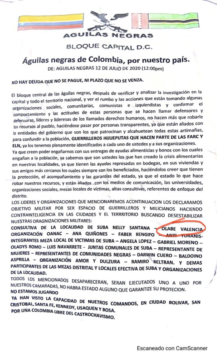 Me acaba de llegar AMENAZA DE MUERTE de Las Águilas Negras “Verdes” me tildan de guerrilero por apoyar en que jovenes Afro que llegan desplazados a Bogotá del territorio no los recluten bandas de microtrafico. Pa la próxima que pongan bien mi apellido.
<a href="/FiscaliaCol/">Fiscalía Colombia</a> <a href="/UNPColombia/">Unidad Nacional de Protección, UNP.</a>