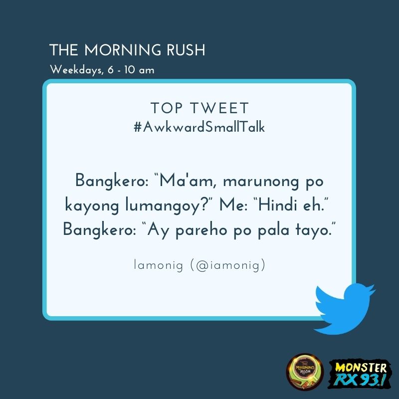 RX931's tweet photo. #AwkwardSmallTalk from @iamonig
#TheMorningRush #Quaran10 https://t.co/NuOXsCnNt2