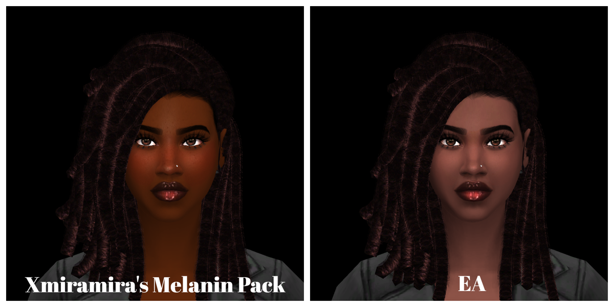 PronCron's tweet photo. This is why we need better skin tones in #TheSims4. I went into the game and selected four of the darkest skin tones from both #TS4 base game and @Xmiramira's Melanin Pack. The EA skin tones lack the richness and life that comes with melanin infused skin. #EAListen https://t.co/2J7CQCInTj