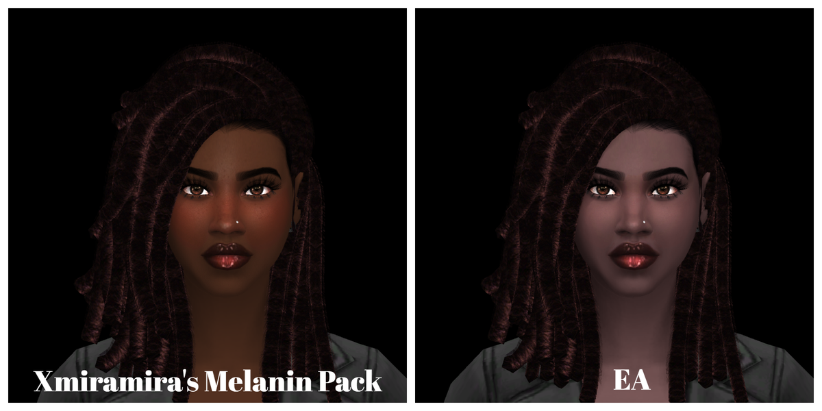 PronCron's tweet photo. This is why we need better skin tones in #TheSims4. I went into the game and selected four of the darkest skin tones from both #TS4 base game and @Xmiramira's Melanin Pack. The EA skin tones lack the richness and life that comes with melanin infused skin. #EAListen https://t.co/2J7CQCInTj