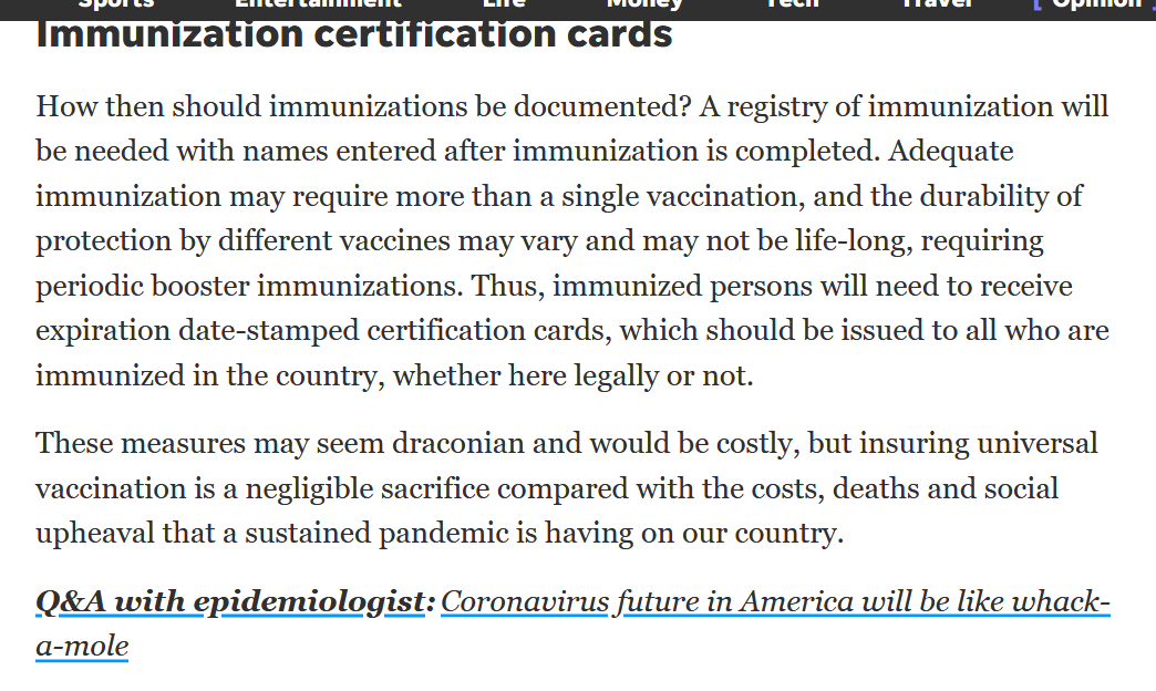 "A registry of immunization will be needed w names entered after immunization is completed. Adequate immunization may require more than a single vaccination, & the durability of protection by different vaccines may vary and may not be life-long, requiring periodic boosters." 