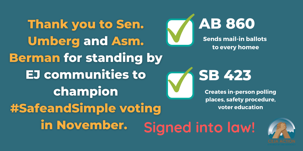 cejaaction's tweet photo. UPDATE! @CAgovernor signs #SB423 into law, mandating safe and simple access to in-person voting.

#SB423 strengthens voting access, gives counties  guidelines and resources to provide early and Election Day voting opportunities to all voters.

@SenatorUmberg @AsmMarcBerman https://t.co/Atm7JQUbGO