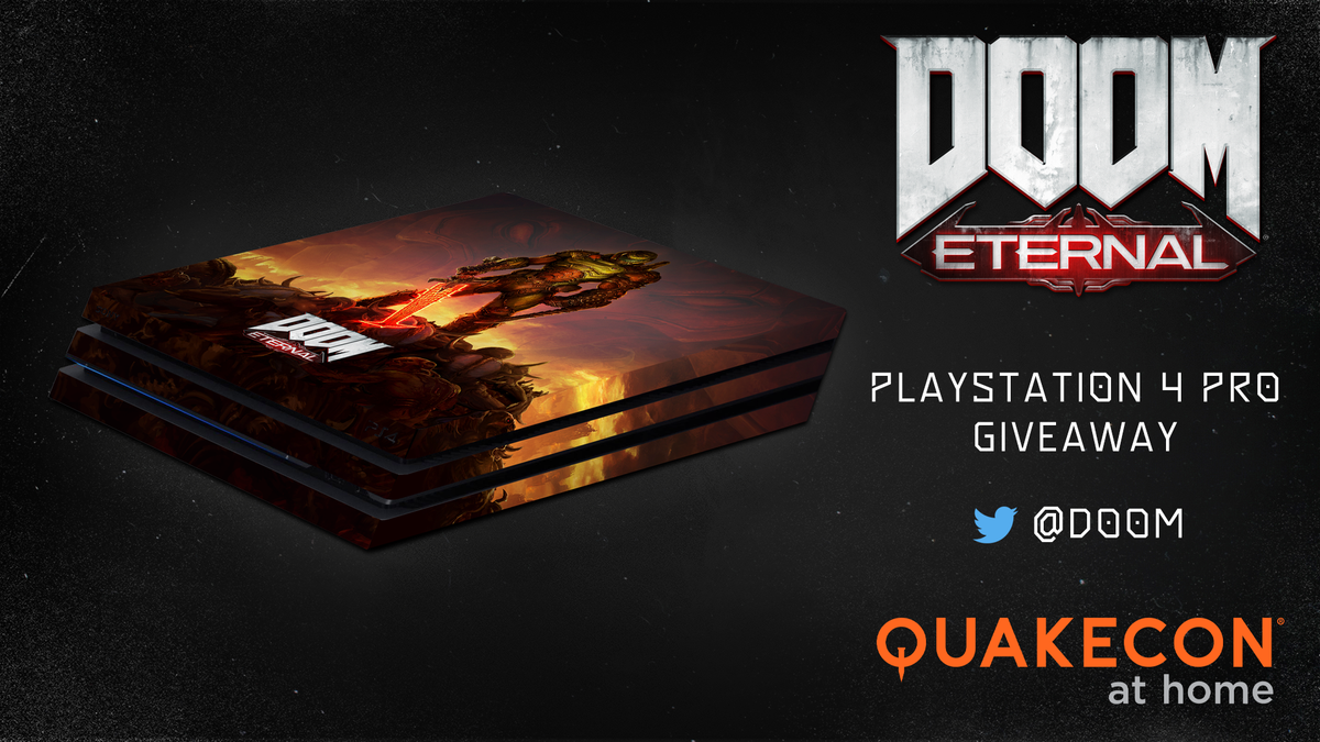 🤘 The @QuakeCon custom @DOOM Eternal @PlayStation 4 Pro giveaway is upon us. 🤘

Follow and RT to enter. #DOOM #QuakeCon #QuakeConGiveaway

Rules below.