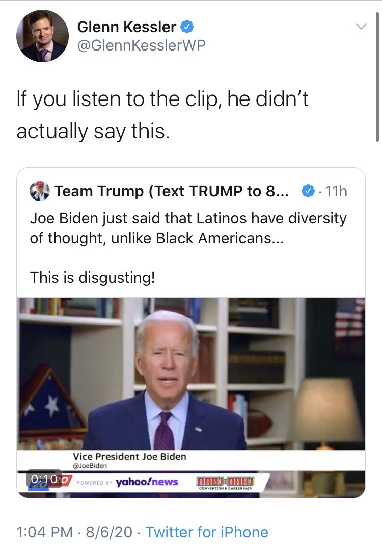 To start,  @GlennKesslerWP, the fact checkers for the  @washingtonpost, claims that Biden never made these comments he just walked back. It begs the question why Biden would need to clarify them, don’t you think?