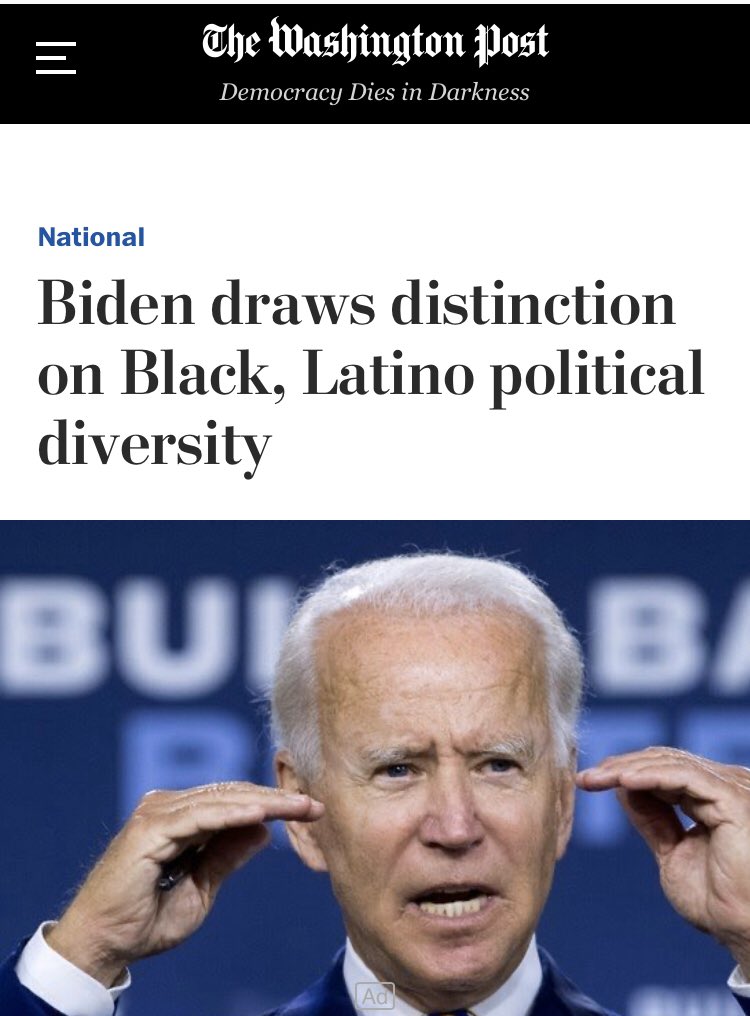 His outlet,  @washingtonpost, conceded that he made some type of comment, but hid them behind the convenient euphemism of drawing a “distinction” when saying that African Americans lack political diversity.