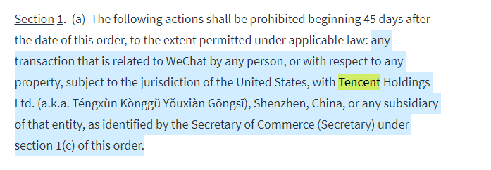 There is a LOT to unpack in the specifics of this Trump executive order. It's going to come down to legal grey area whether this applies to investment entities, majority ownership or only wholly owned subsidiaries. If it's any level of investment, that's Activision, Ubi as well