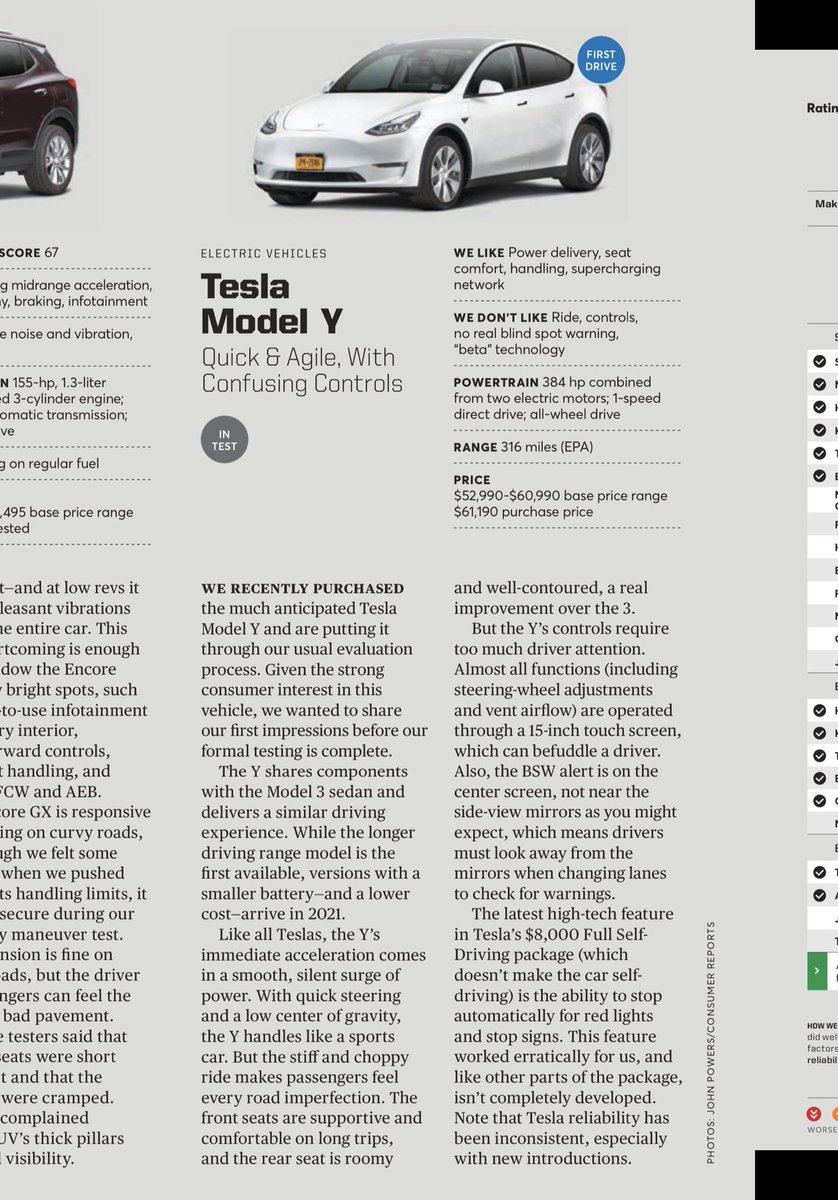 markbspiegel's tweet image. Consumer Reports, which Elon Musk says always tells the truth, with first impressions of the Tesla Model Y...

$TSLA