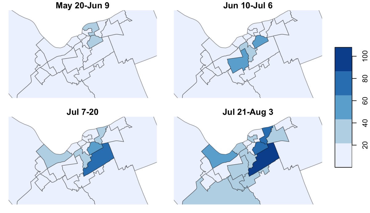 Weekly  #Ottawa  #COVID19 thread.I've been on vacation, so just a few custom graphs.Geography: Gloucester-Southgate, Beacon Hill-Cyrville and Alta Vista were especially high the last 2 weeks; also Bay.Gloucester-Southgate isn't *quite* Heron Gate, is it? 1/