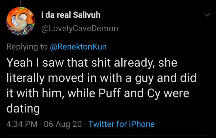 let me get something fucking straight,  @lovelycavedemon.. i live with 2 roommates, one was my ex at the time and another was a mutual friend. i did not cheat on Cy, and the fact that you're defending him with 0 proof is fucking gross. i was loyal to Cy until we broke up (1/2)