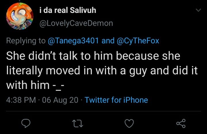 let me get something fucking straight,  @lovelycavedemon.. i live with 2 roommates, one was my ex at the time and another was a mutual friend. i did not cheat on Cy, and the fact that you're defending him with 0 proof is fucking gross. i was loyal to Cy until we broke up (1/2)