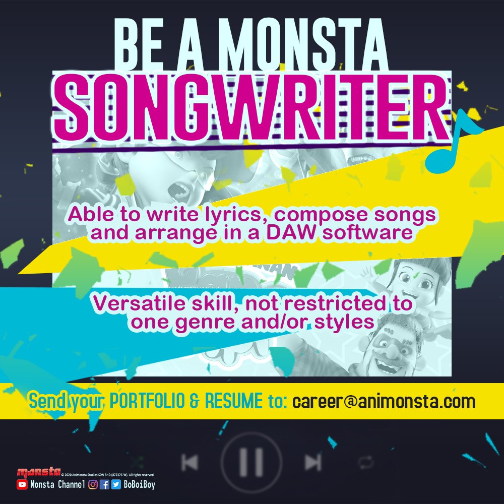 BoBoiBoy's tweet photo. Be a MONSTA❗ Available position: 
SONGWRITER (full time)

Requirements:
https://t.co/66Ibnooqd3

📩 Email your PORTFOLIO &amp; RESUME to:
career@animonsta(dot)com

Notes:
- Your portfolio must be related to the position you're applying for.
- This is only the 1st screening process. https://t.co/1tqRkdieGX