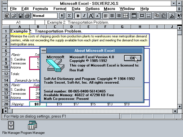 Microsoft Excel 4.0 About Dialog (1992)
versionmuseum.com/history-of/mic…

#excel #microsoftexcel #msexcel $msft
#retro #classic #oldschool #vintage #tbt #nostalgia #win31 #windows #msft #ms #billgates
