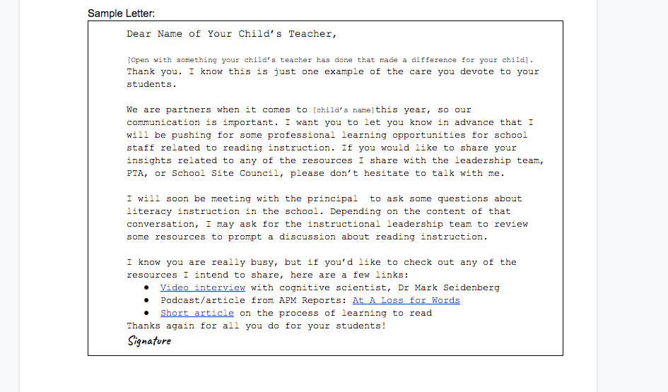 10. Let the teacher know you'll press school leadership, not her. A teacher typically does not have a choice in the district-provided materials, but a passionate teacher can be an advocate for change. It’s important to offer the chance to opt-in to the movement you’re starting.