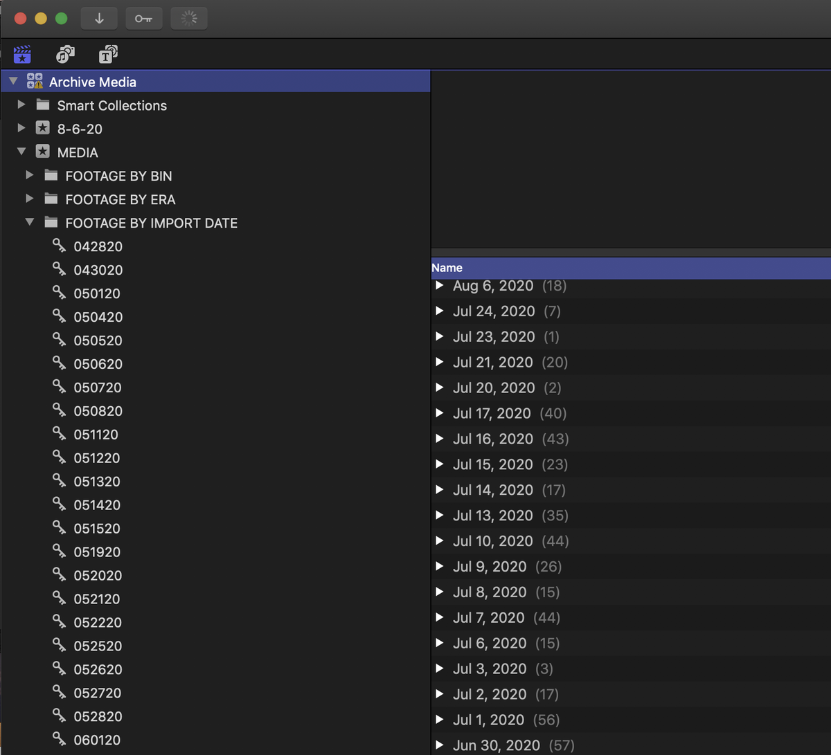 Just like that, my 2050 archival items are categorized by source, import date, the Avid bin they can be found in. Now to make some Smart Collections.