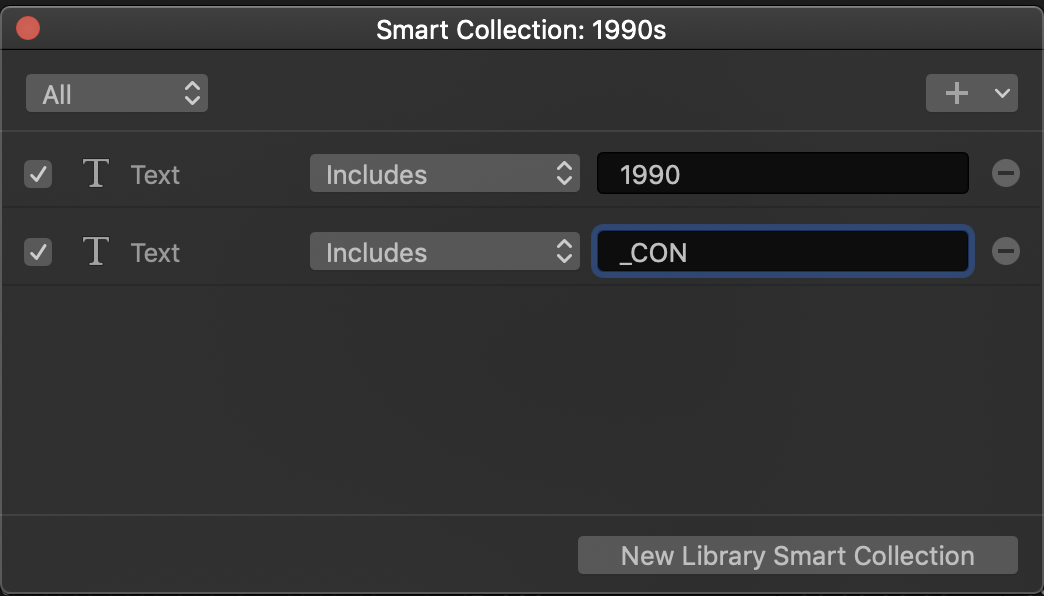 What about all the footage from that one source from the 1990s? That might be helpful. Luckily our researchers put this sort of data in the file names which enables these sort of Smart Collections to be comprehensive.