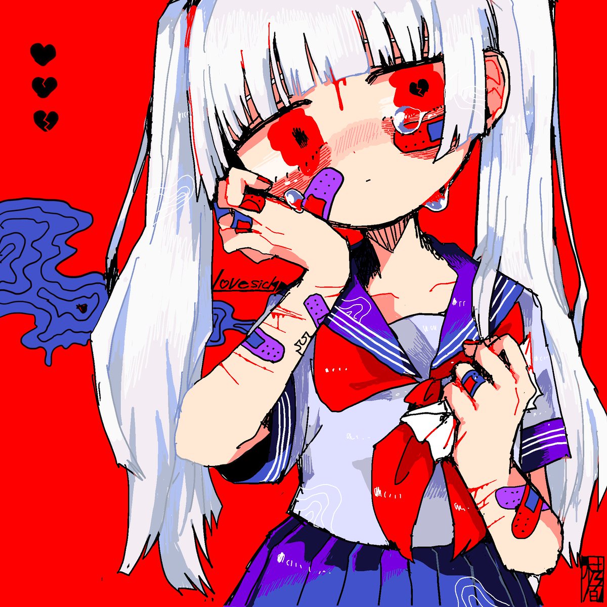 1girl bandaid solo twintails red eyes red background white hair  illustration images