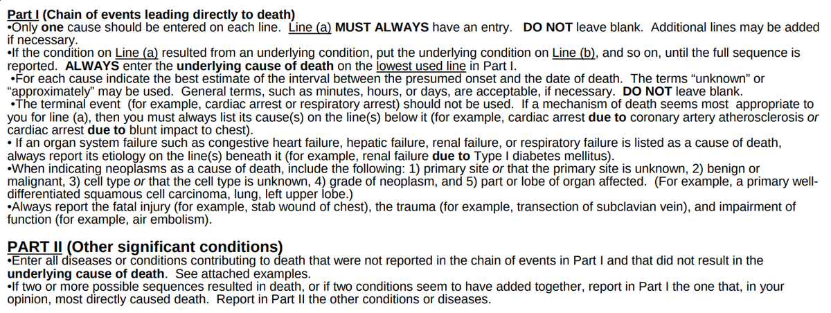 Box 32 of the certificate is filled out by the medical certifier. They are responsible for providing their best medical opinion about the cause of death.Part I lists what DIRECTLY caused the death.Part II lists other significant conditions that CONTRIBUTED to the death.2/N