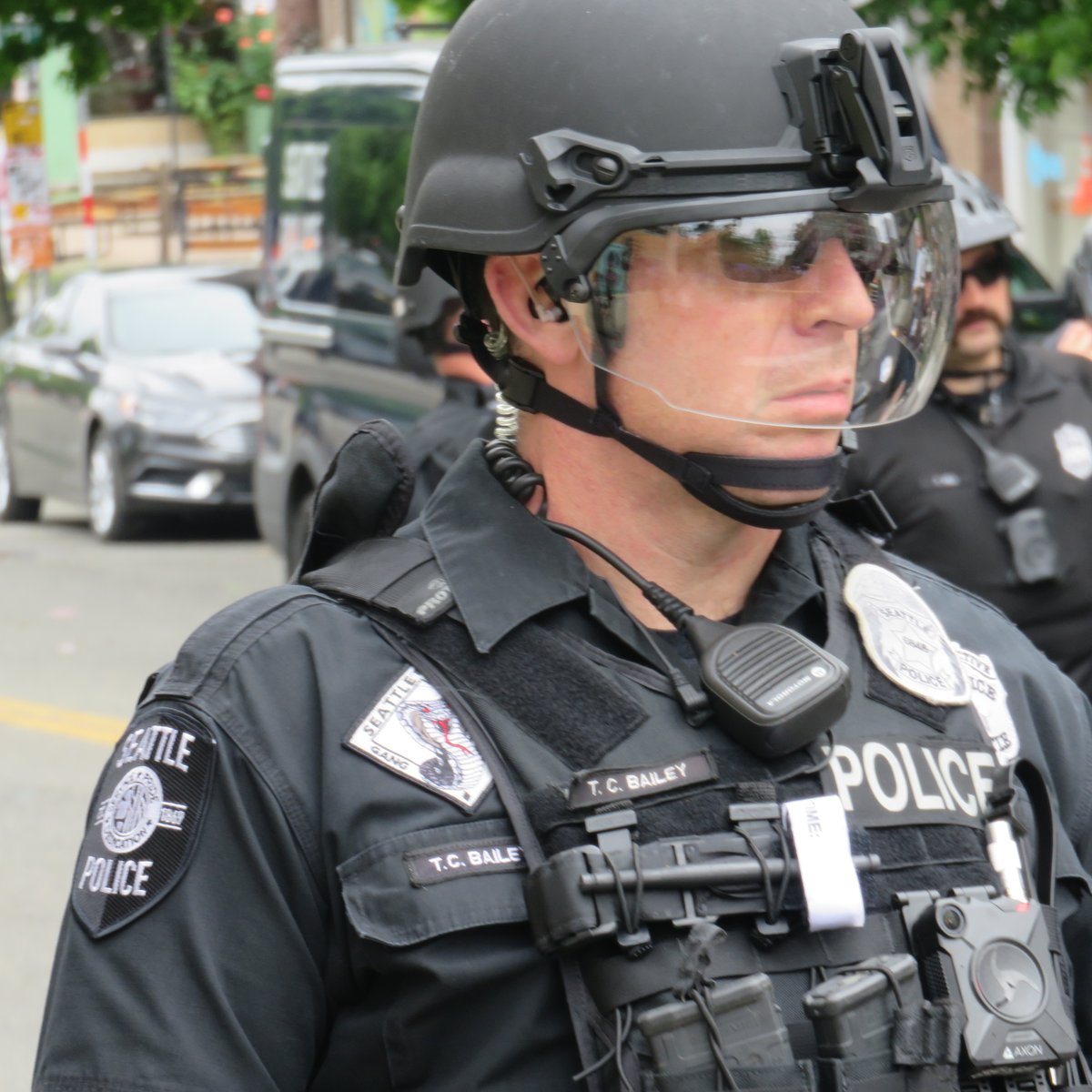 Gang unit detectives have been on the frontlines of every major protest. They helped man the riot lines at Broadway and Pike after CHOP was cleared.L: Clayton Agate R: Terry C. Bailey(5/11)