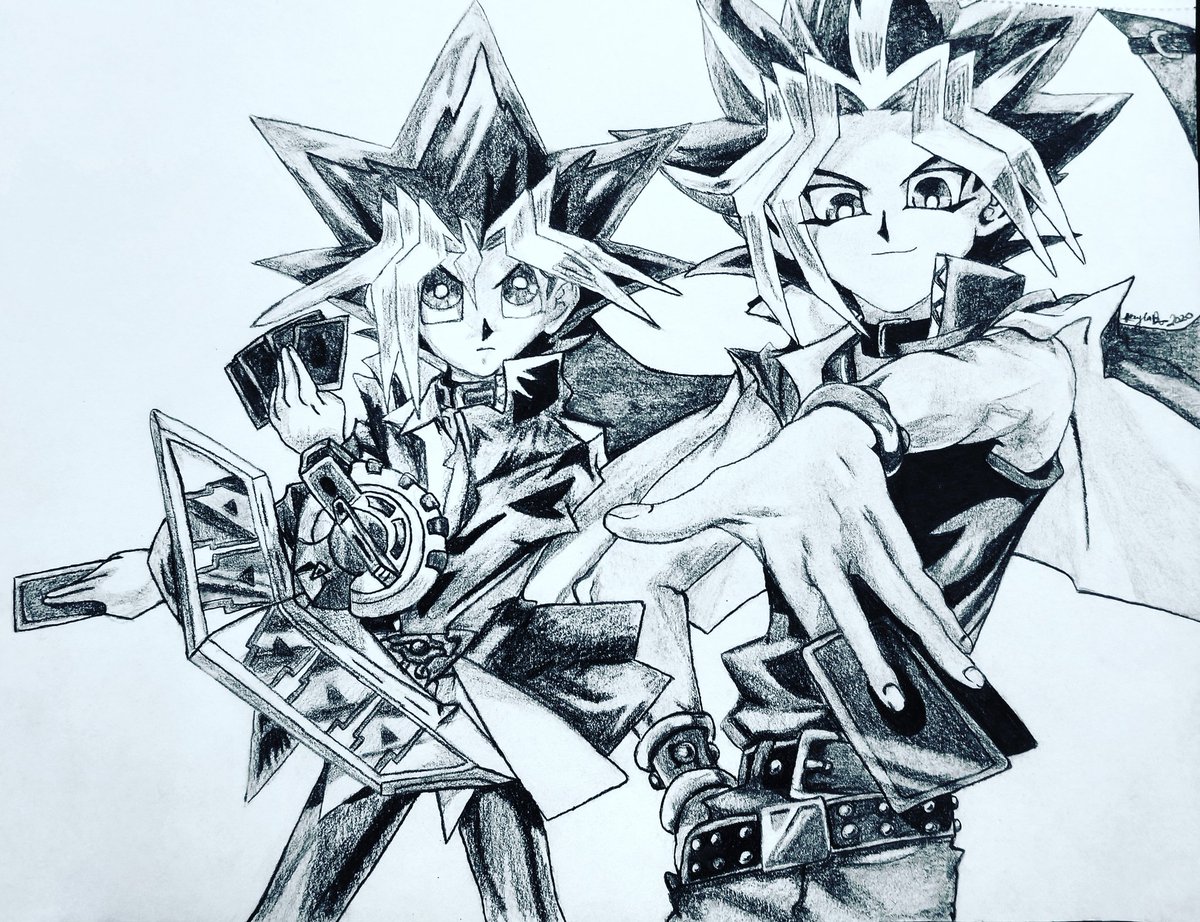 Graphite drawing of Yugi Muto and Yugi Yami from Yu-Gi-Oh