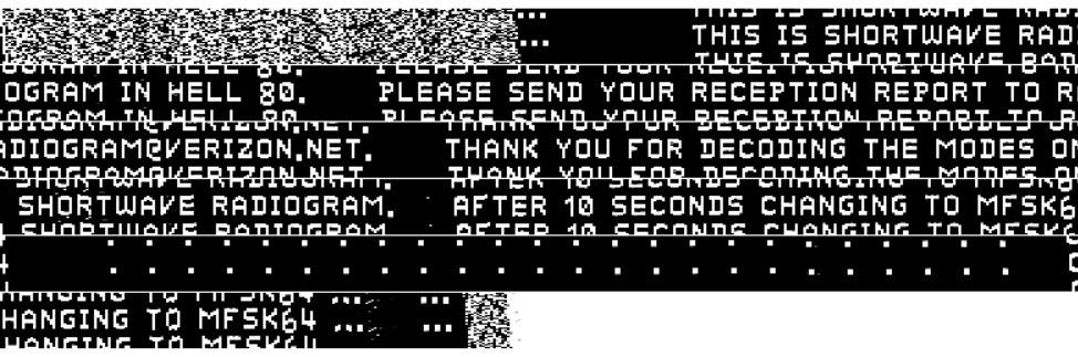 SportyPorcupine's tweet photo. Very good @SWRadiogram results for the first show of the week. PSK &amp; Hell80 modes auto-switched; MFSK64 didn't.  My goodness, is that PSK63R fast! You could send an entire novel in the half-hour of the show. Error free in SSB; more errors in AM mode. #swl #shortwave #hell80 #psk https://t.co/HTVMUaF8B0