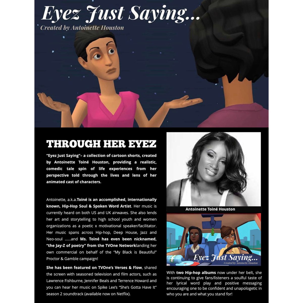 toinehouston's tweet photo. 👀 I’m happy to have a platform like @theonchannel that supports my #new animation series, “Eyez Just Saying” and has provided it a home! Check out the latest #feature highlighted in #theonchannel magazine ✊🏽❣️https://t.co/u6xgpNEWbN https://t.co/leXcs7i5DX